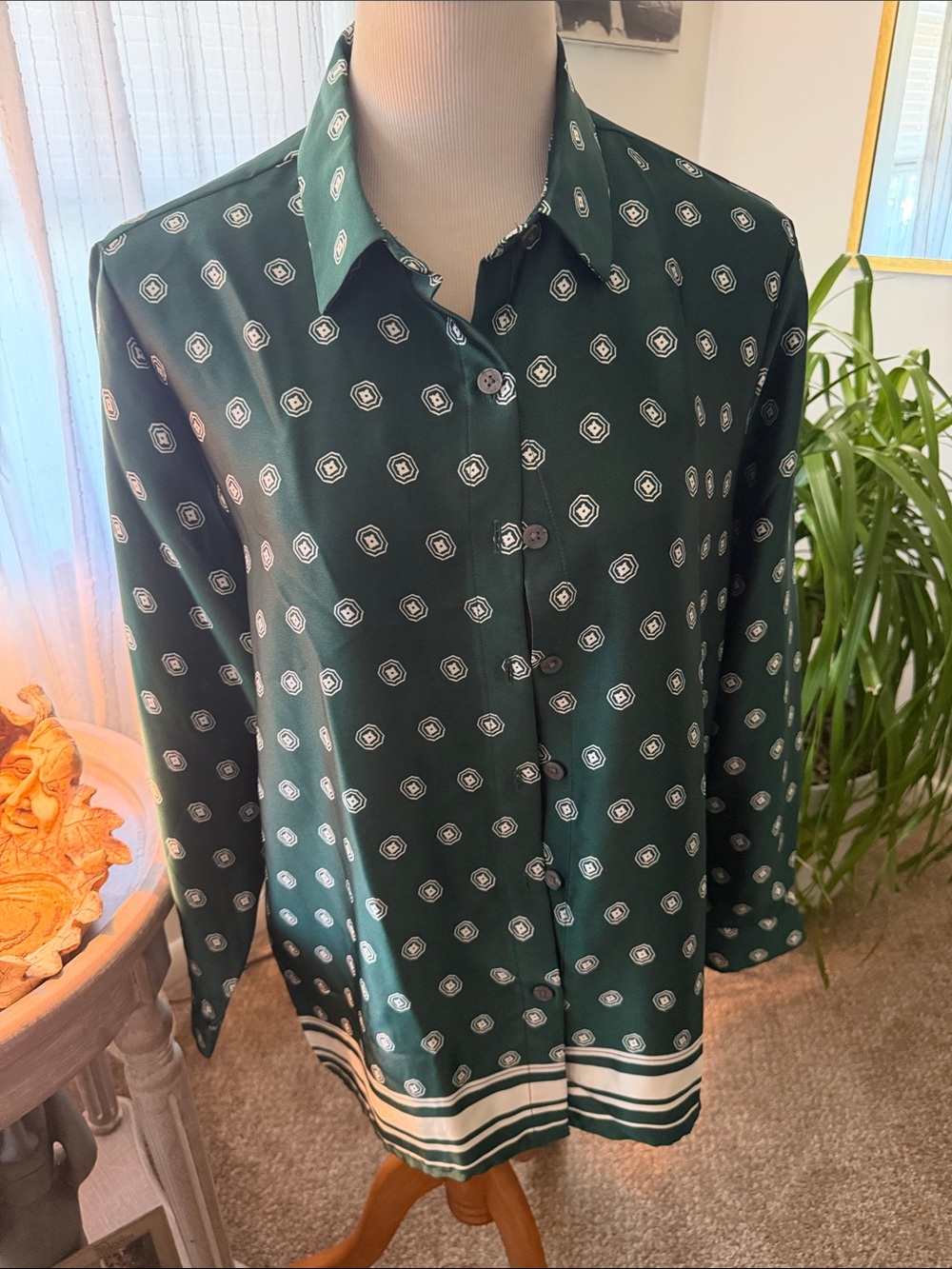 LOFT Dark Green Geometric Button-Down Blouse